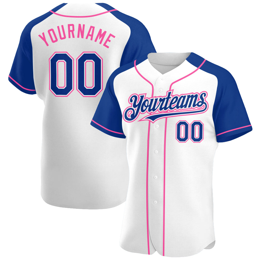 Custom White Royal-Pink Authentic Raglan Sleeves Baseball Jersey