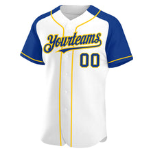 Laden Sie das Bild in den Galerie-Viewer, Custom White Royal-Yellow Authentic Raglan Sleeves Baseball Jersey
