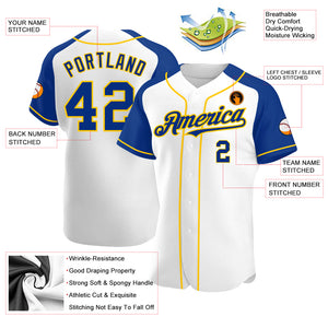 Custom White Royal-Yellow Authentic Raglan Sleeves Baseball Jersey