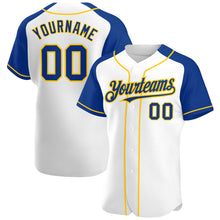 Laden Sie das Bild in den Galerie-Viewer, Custom White Royal-Yellow Authentic Raglan Sleeves Baseball Jersey
