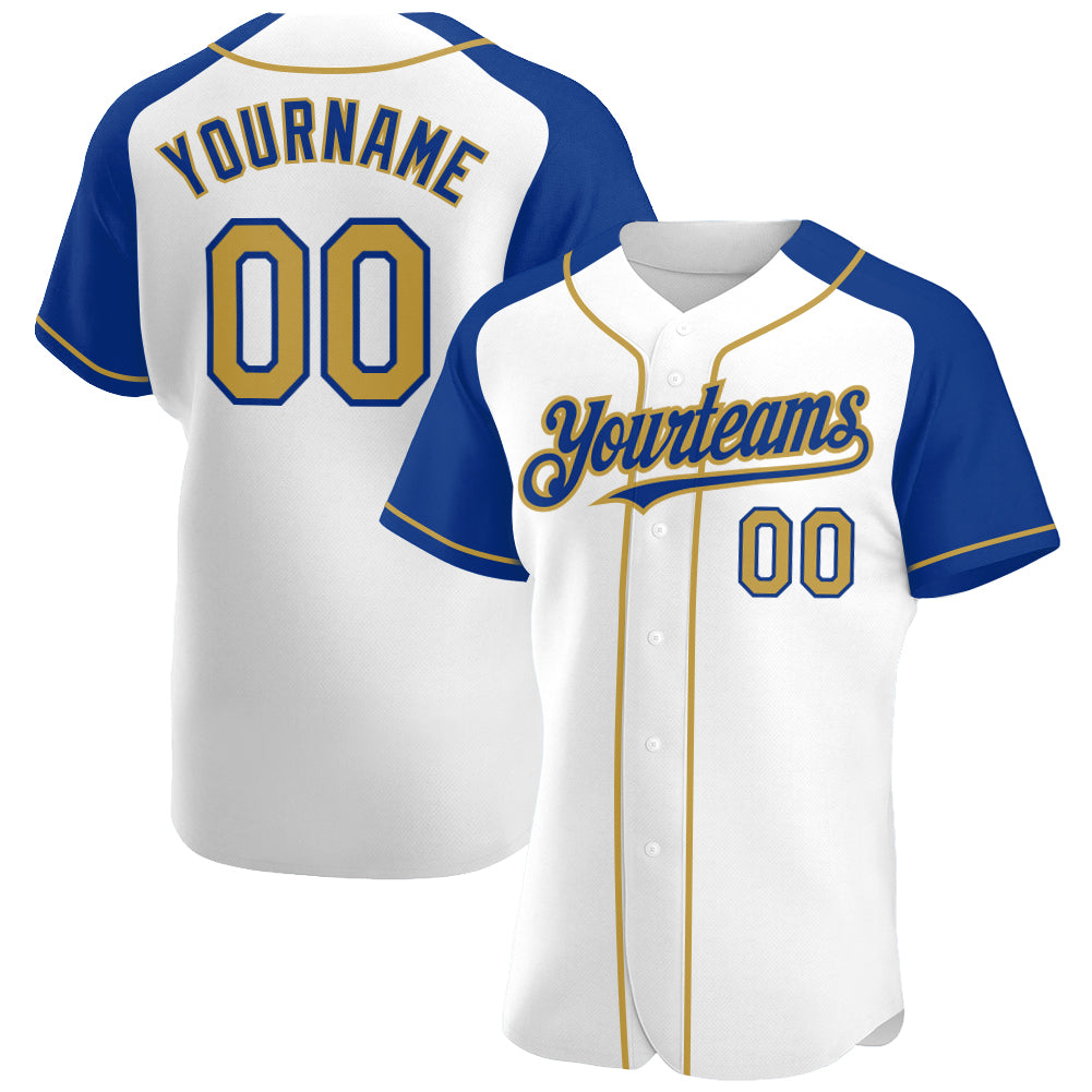 Custom White Old Gold-Royal Authentic Raglan Sleeves Baseball Jersey