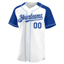 Laden Sie das Bild in den Galerie-Viewer, Custom White Royal-Light Blue Authentic Raglan Sleeves Baseball Jersey
