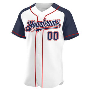 Custom White Navy-Red Authentic Raglan Sleeves Baseball Jersey