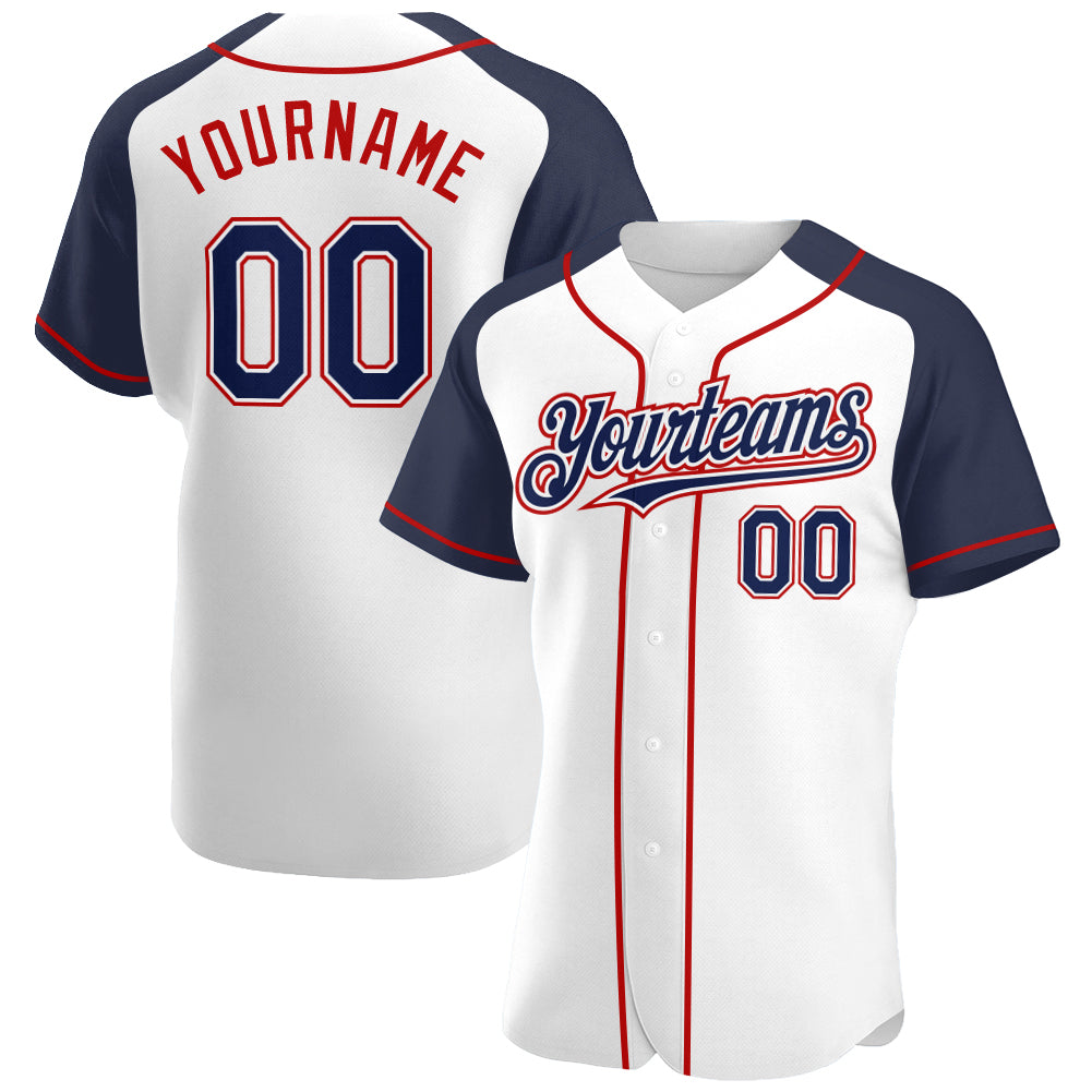 Custom White Navy-Red Authentic Raglan Sleeves Baseball Jersey