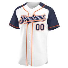 Laden Sie das Bild in den Galerie-Viewer, Custom White Navy-Orange Authentic Raglan Sleeves Baseball Jersey
