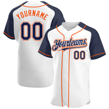 Laden Sie das Bild in den Galerie-Viewer, Custom White Navy-Orange Authentic Raglan Sleeves Baseball Jersey
