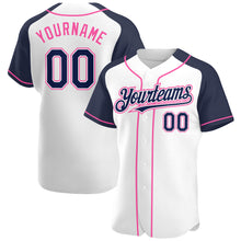 Laden Sie das Bild in den Galerie-Viewer, Custom White Navy-Pink Authentic Raglan Sleeves Baseball Jersey
