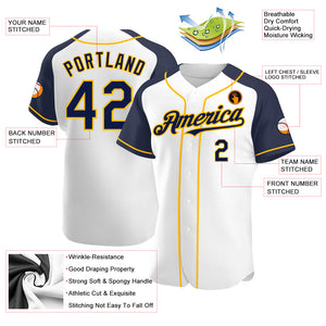 Custom White Navy-Gold Authentic Raglan Sleeves Baseball Jersey