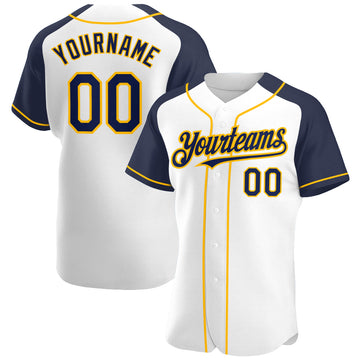 Custom White Navy-Gold Authentic Raglan Sleeves Baseball Jersey