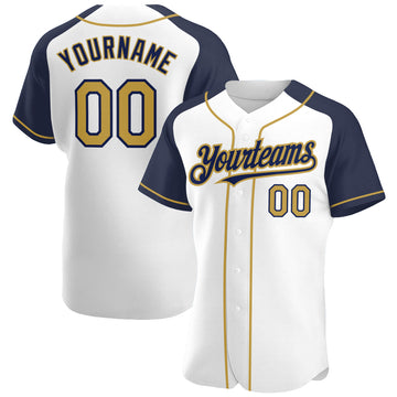 Custom White Old Gold-Navy Authentic Raglan Sleeves Baseball Jersey