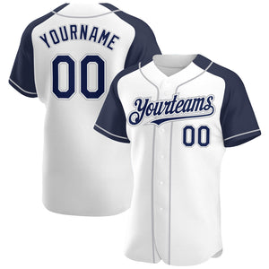 Custom White Navy-Gray Authentic Raglan Sleeves Baseball Jersey