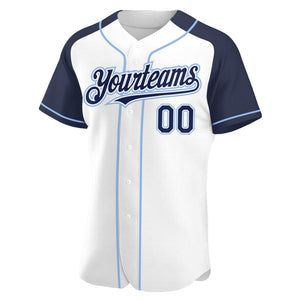 Custom White Navy-Light Blue Authentic Raglan Sleeves Baseball Jersey