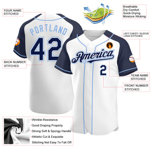 Custom White Navy-Light Blue Authentic Raglan Sleeves Baseball Jersey