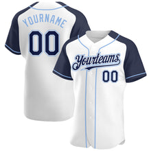 Загрузить изображение в средство просмотра галереи, Custom White Navy-Light Blue Authentic Raglan Sleeves Baseball Jersey
