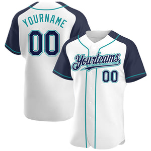 Custom White Navy-Teal Authentic Raglan Sleeves Baseball Jersey