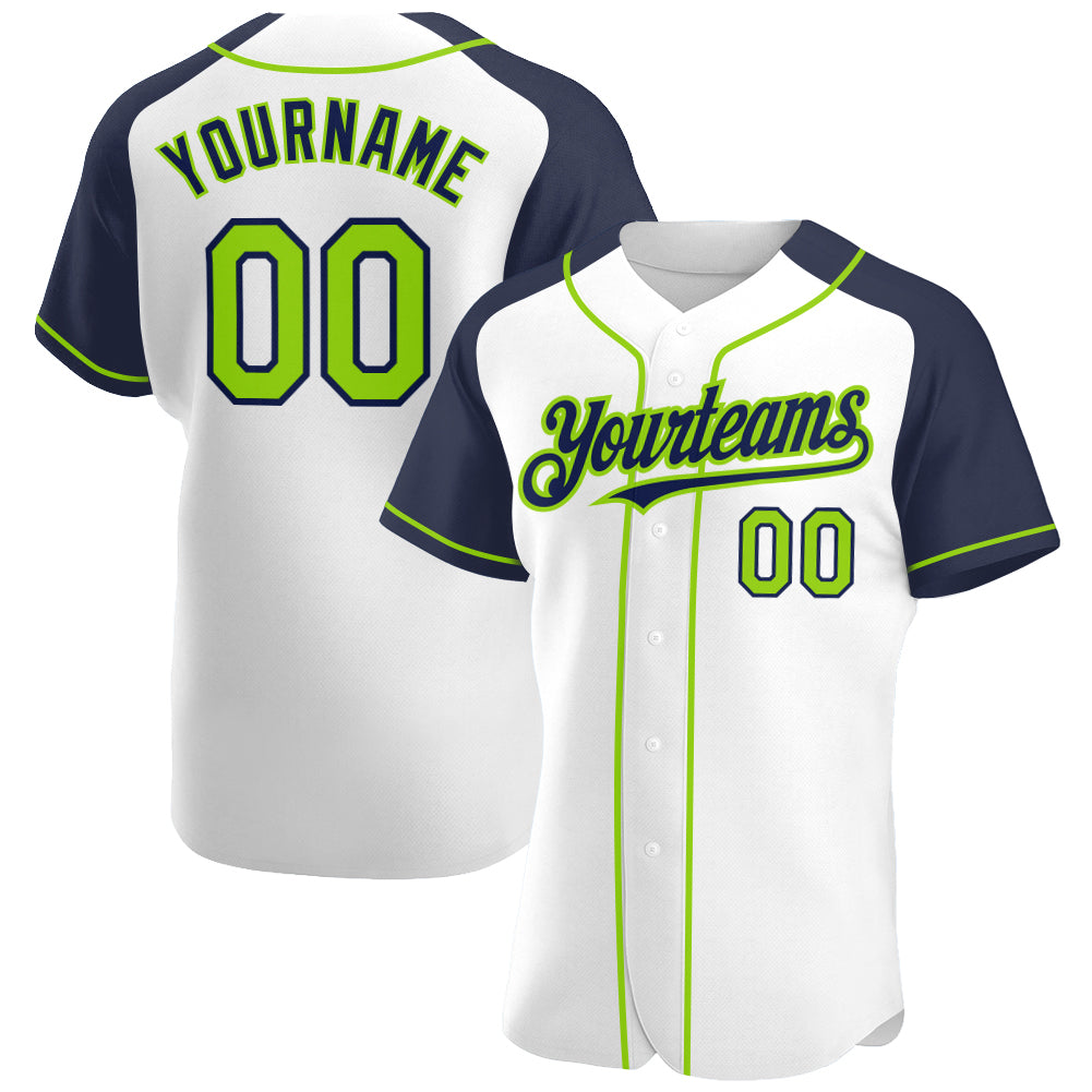 Custom White Neon Green-Navy Authentic Raglan Sleeves Baseball Jersey