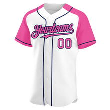 Загрузить изображение в средство просмотра галереи, Custom White Pink-Navy Authentic Raglan Sleeves Baseball Jersey
