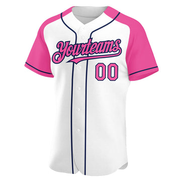 Custom White Pink-Navy Authentic Raglan Sleeves Baseball Jersey