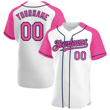 Загрузить изображение в средство просмотра галереи, Custom White Pink-Navy Authentic Raglan Sleeves Baseball Jersey
