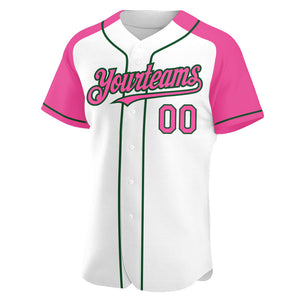 Custom White Pink-Green Authentic Raglan Sleeves Baseball Jersey