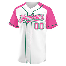 Загрузить изображение в средство просмотра галереи, Custom White Pink-Kelly Green Authentic Raglan Sleeves Baseball Jersey
