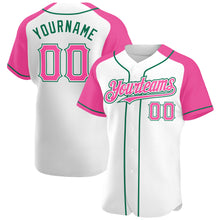 Загрузить изображение в средство просмотра галереи, Custom White Pink-Kelly Green Authentic Raglan Sleeves Baseball Jersey
