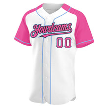 Загрузить изображение в средство просмотра галереи, Custom White Pink Black-Light Blue Authentic Raglan Sleeves Baseball Jersey
