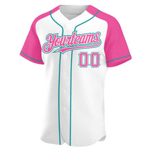 Загрузить изображение в средство просмотра галереи, Custom White Pink-Teal Authentic Raglan Sleeves Baseball Jersey
