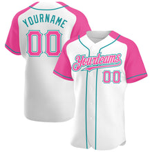 Загрузить изображение в средство просмотра галереи, Custom White Pink-Teal Authentic Raglan Sleeves Baseball Jersey
