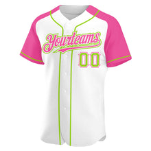 Загрузить изображение в средство просмотра галереи, Custom White Neon Green-Pink Authentic Raglan Sleeves Baseball Jersey
