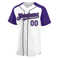 Загрузить изображение в средство просмотра галереи, Custom White Purple-Black Authentic Raglan Sleeves Baseball Jersey
