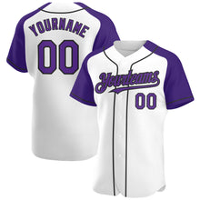 Загрузить изображение в средство просмотра галереи, Custom White Purple-Black Authentic Raglan Sleeves Baseball Jersey
