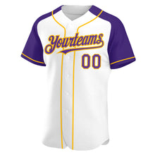 Загрузить изображение в средство просмотра галереи, Custom White Purple-Gold Authentic Raglan Sleeves Baseball Jersey
