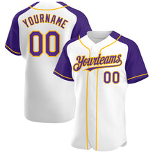 Загрузить изображение в средство просмотра галереи, Custom White Purple-Gold Authentic Raglan Sleeves Baseball Jersey
