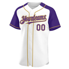 Загрузить изображение в средство просмотра галереи, Custom White Purple-Old Gold Authentic Raglan Sleeves Baseball Jersey
