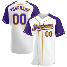 Загрузить изображение в средство просмотра галереи, Custom White Purple-Old Gold Authentic Raglan Sleeves Baseball Jersey
