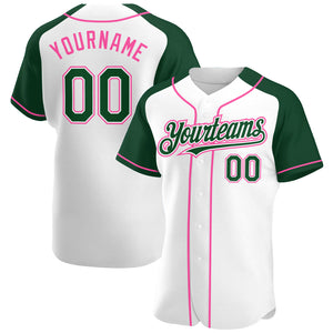 Custom White Green-Pink Authentic Raglan Sleeves Baseball Jersey