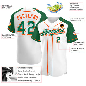 Custom White Kelly Green-Orange Authentic Raglan Sleeves Baseball Jersey