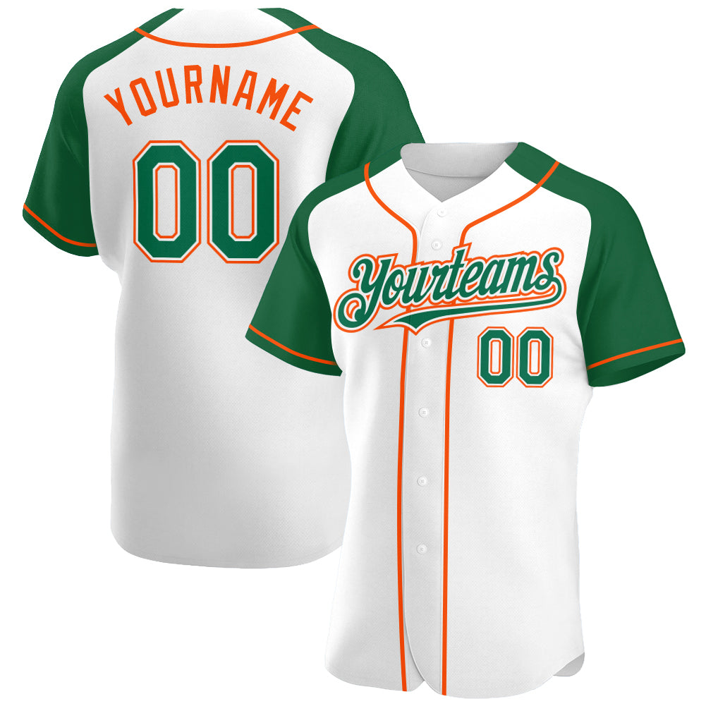 Custom White Kelly Green-Orange Authentic Raglan Sleeves Baseball Jersey