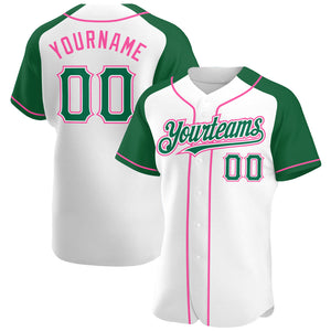 Custom White Kelly Green-Pink Authentic Raglan Sleeves Baseball Jersey