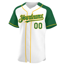 Загрузить изображение в средство просмотра галереи, Custom White Kelly Green-Gold Authentic Raglan Sleeves Baseball Jersey
