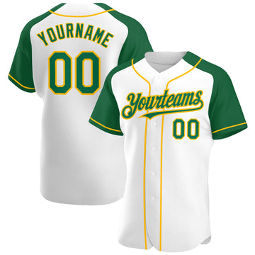 Custom White Kelly Green-Gold Authentic Raglan Sleeves Baseball Jersey