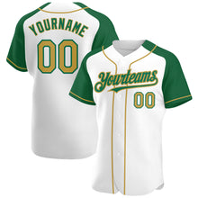 Загрузить изображение в средство просмотра галереи, Custom White Old Gold-Kelly Green Authentic Raglan Sleeves Baseball Jersey
