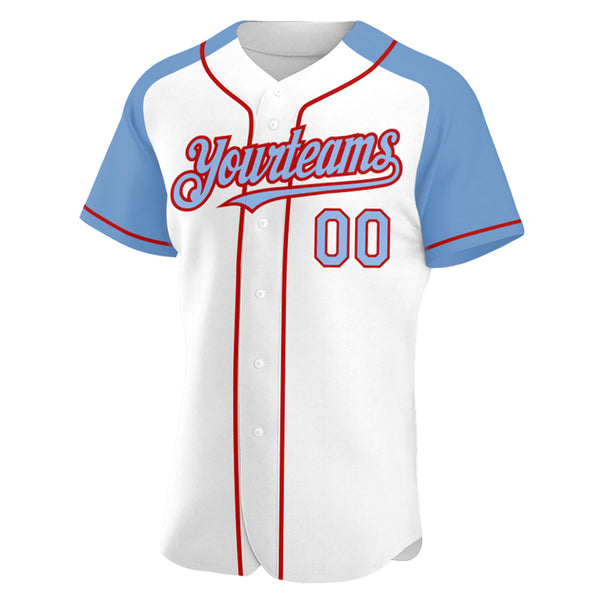 Light Blue White-Red CUSTOM Baseball Jersey -  Worldwide  Shipping