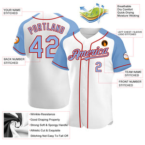 Custom White Light Blue-Red Authentic Raglan Sleeves Baseball Jersey