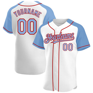 Custom White Light Blue-Red Authentic Raglan Sleeves Baseball Jersey