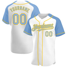 Загрузить изображение в средство просмотра галереи, Custom White Light Blue-Yellow Authentic Raglan Sleeves Baseball Jersey
