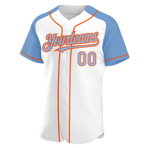 Custom White Light Blue-Orange Authentic Raglan Sleeves Baseball Jersey