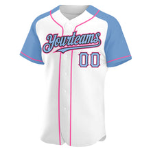 Загрузить изображение в средство просмотра галереи, Custom White Light Blue Black-Pink Authentic Raglan Sleeves Baseball Jersey
