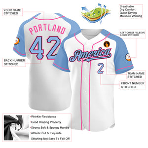 Custom White Light Blue Black-Pink Authentic Raglan Sleeves Baseball Jersey